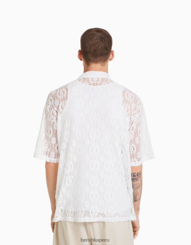 blanco Bershka hombres camisa de crochet de manga corta 806J6B2877