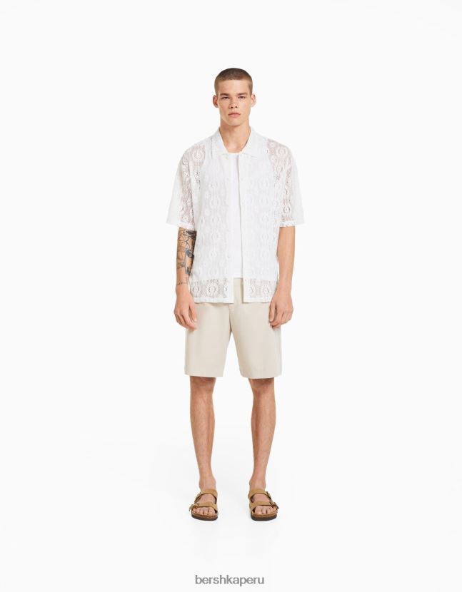 blanco Bershka hombres camisa de crochet de manga corta 806J6B2877