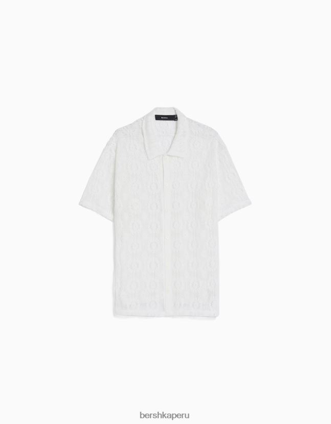 blanco Bershka hombres camisa de crochet de manga corta 806J6B2877