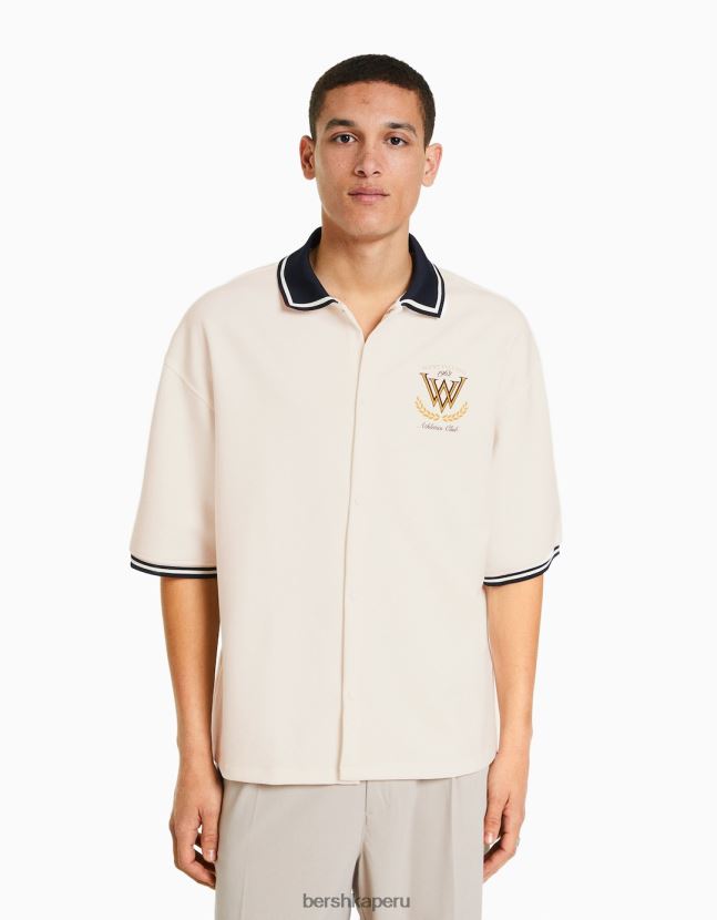 blanco Bershka hombres camisa de manga corta con cuello de canalé 806J6B2940