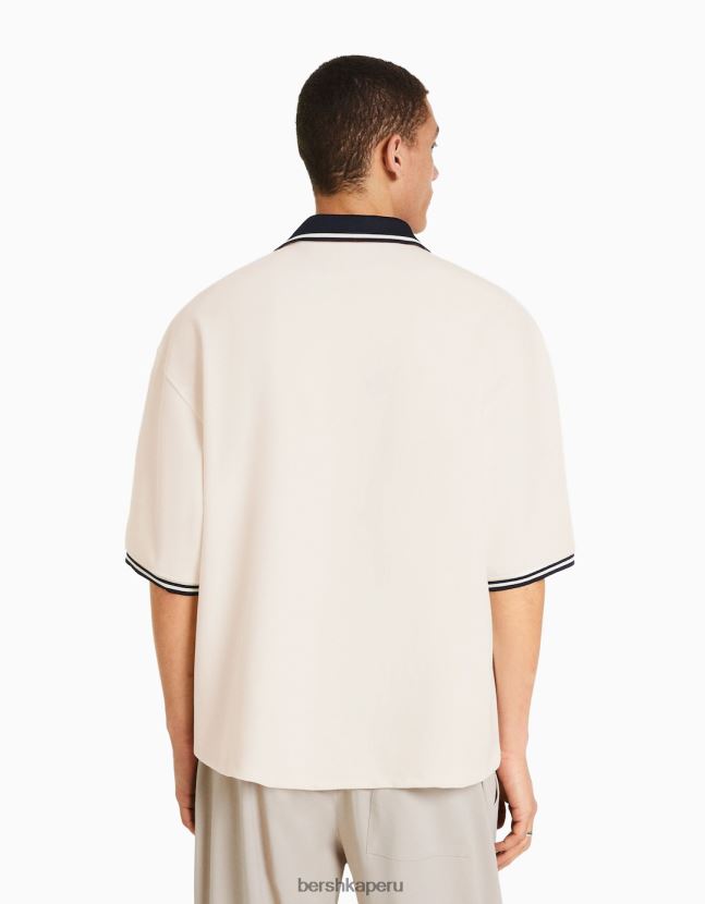 blanco Bershka hombres camisa de manga corta con cuello de canalé 806J6B2940