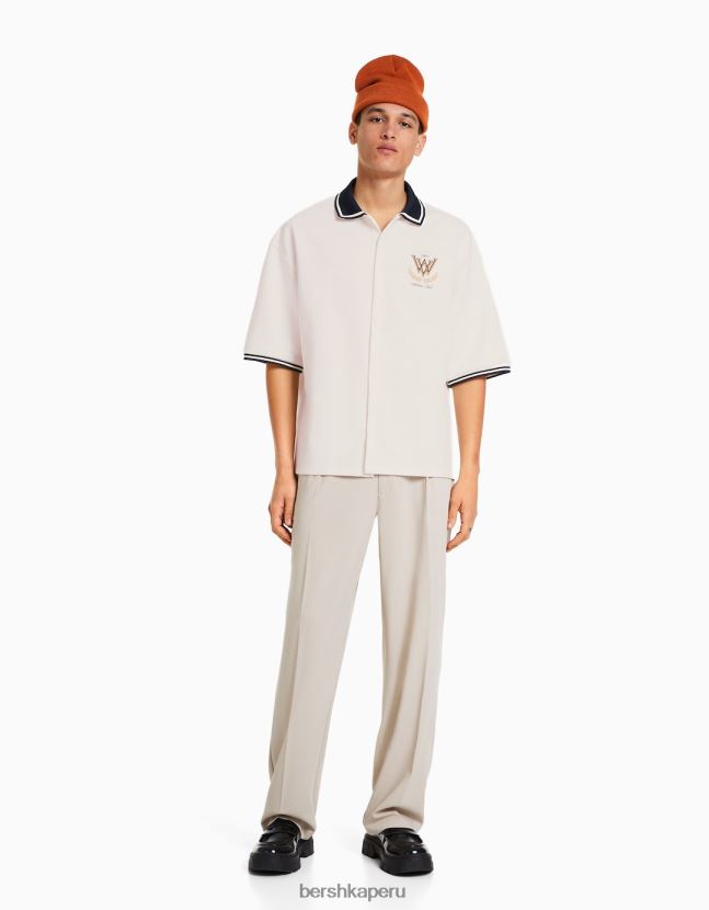 blanco Bershka hombres camisa de manga corta con cuello de canalé 806J6B2940