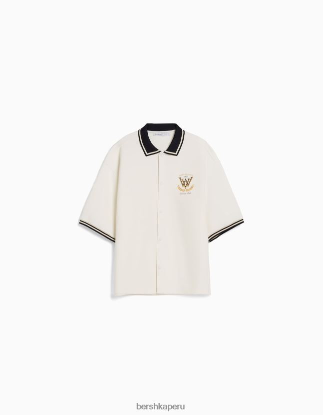 blanco Bershka hombres camisa de manga corta con cuello de canalé 806J6B2940
