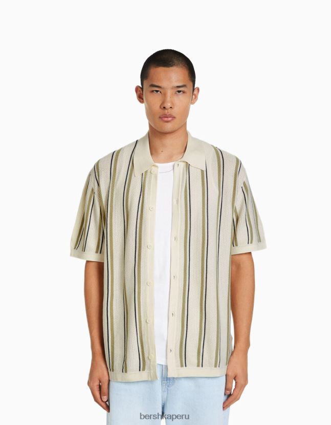 blanco Bershka hombres camisa de manga corta con rayas caladas 806J6B2897