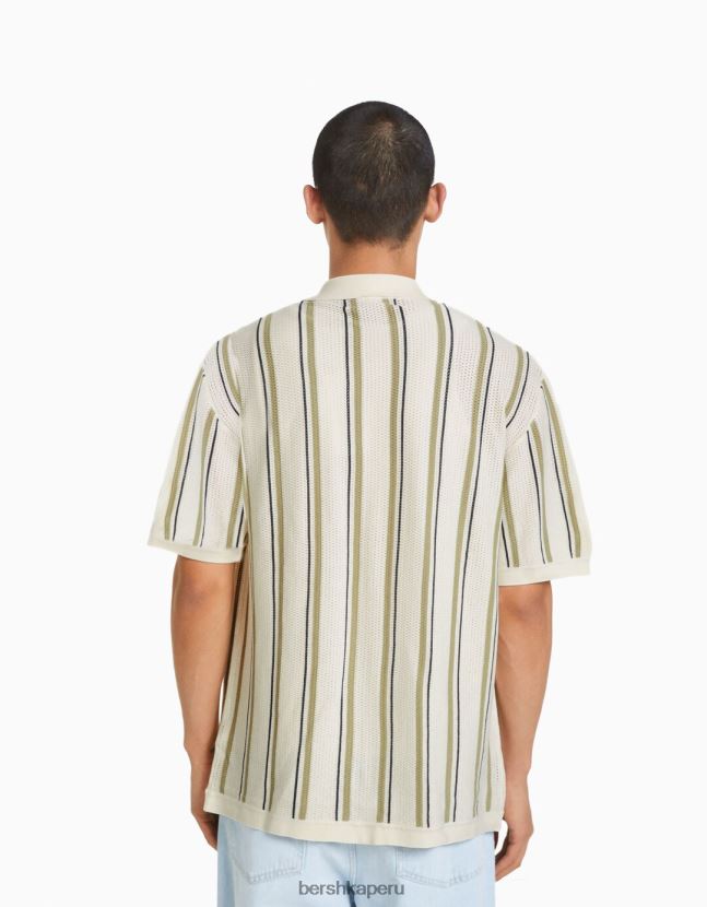 blanco Bershka hombres camisa de manga corta con rayas caladas 806J6B2897