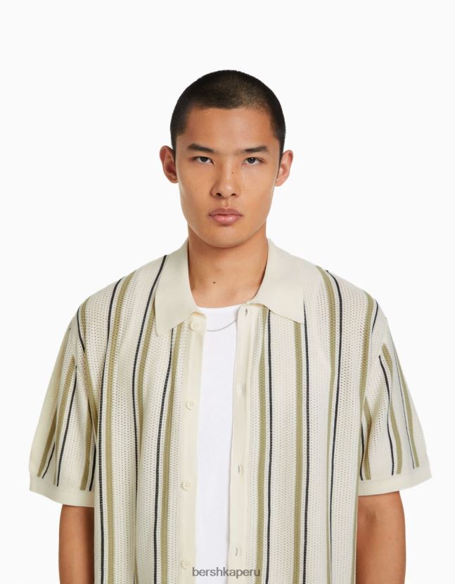 blanco Bershka hombres camisa de manga corta con rayas caladas 806J6B2897