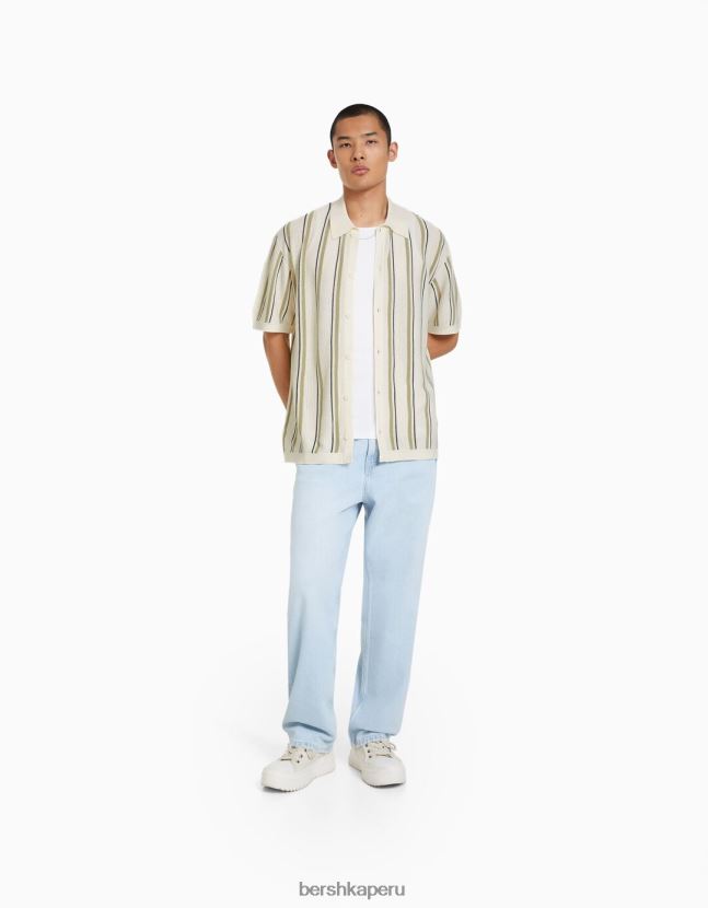blanco Bershka hombres camisa de manga corta con rayas caladas 806J6B2897