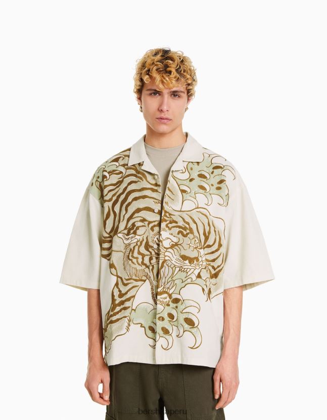 blanco Bershka hombres camisa de manga corta con tigre bordado 806J6B2887