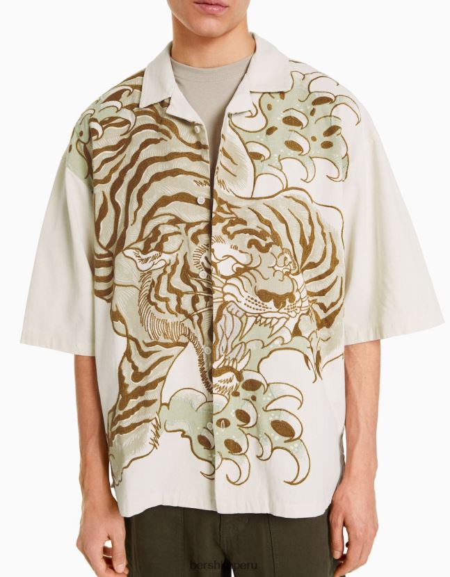 blanco Bershka hombres camisa de manga corta con tigre bordado 806J6B2887