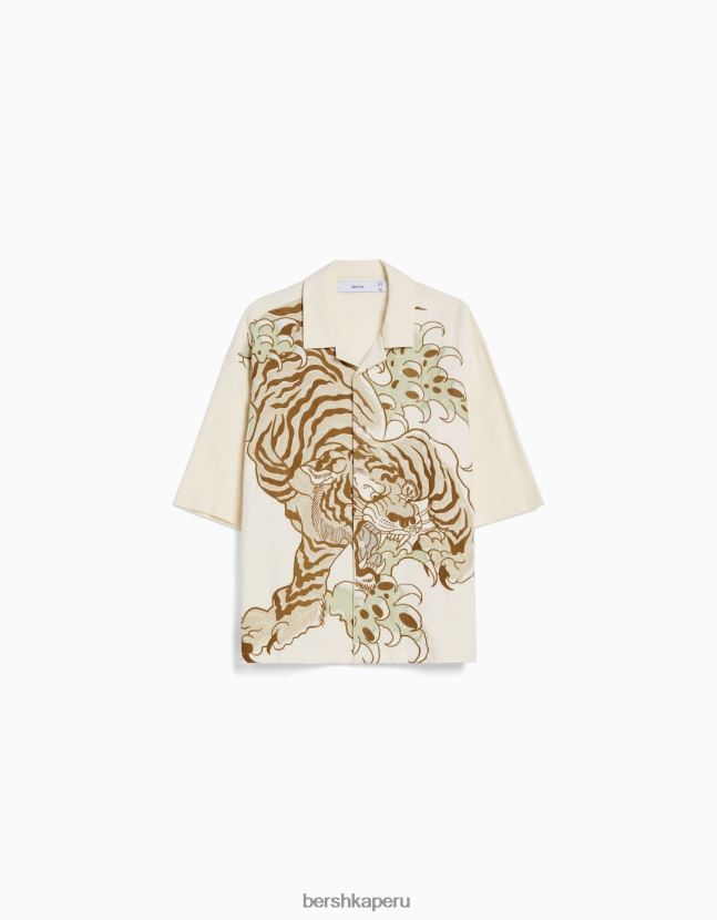 blanco Bershka hombres camisa de manga corta con tigre bordado 806J6B2887