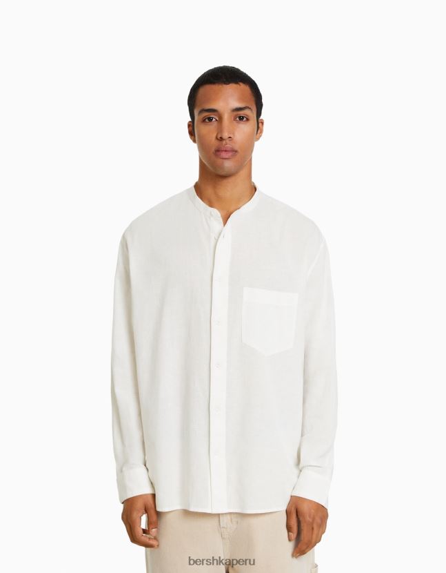 blanco Bershka hombres camisa de mezcla de lino de manga larga 806J6B2895