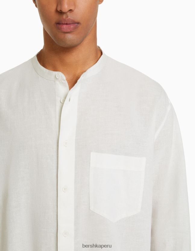 blanco Bershka hombres camisa de mezcla de lino de manga larga 806J6B2895