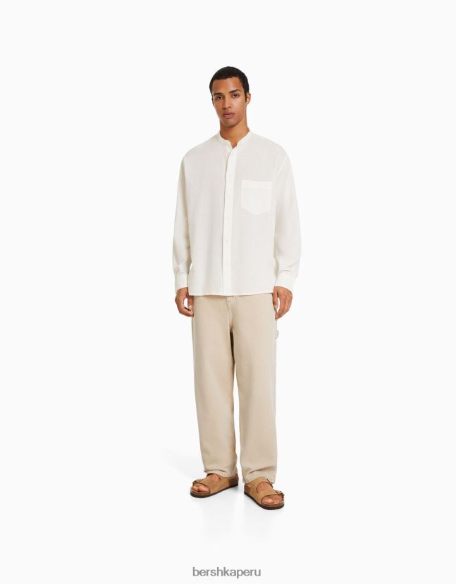 blanco Bershka hombres camisa de mezcla de lino de manga larga 806J6B2895