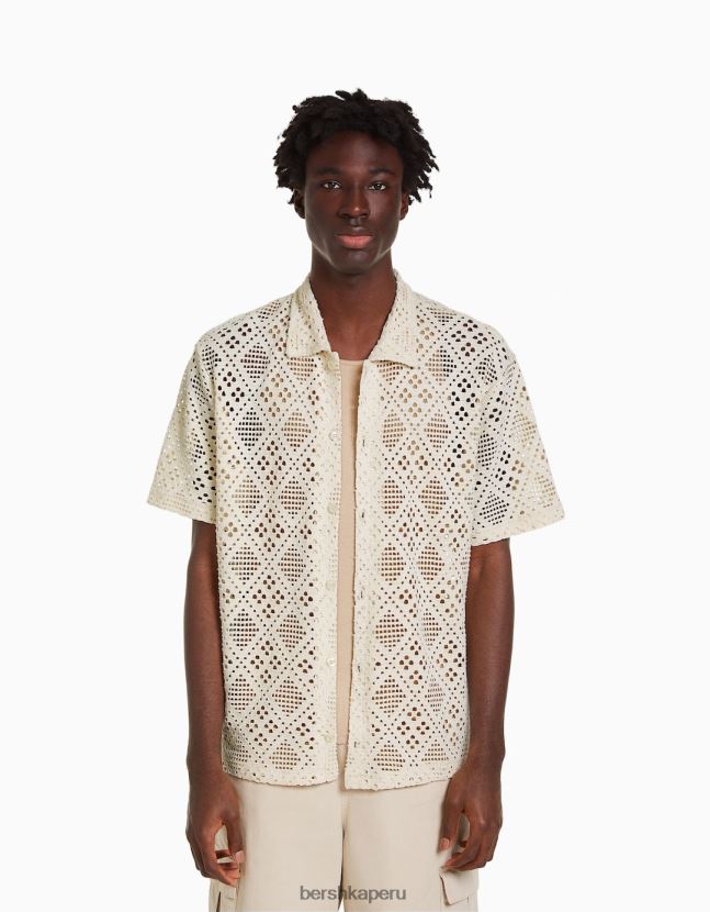 blanco Bershka hombres camisa rústica manga corta 806J6B2878
