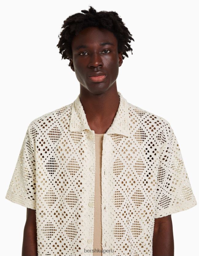 blanco Bershka hombres camisa rústica manga corta 806J6B2878