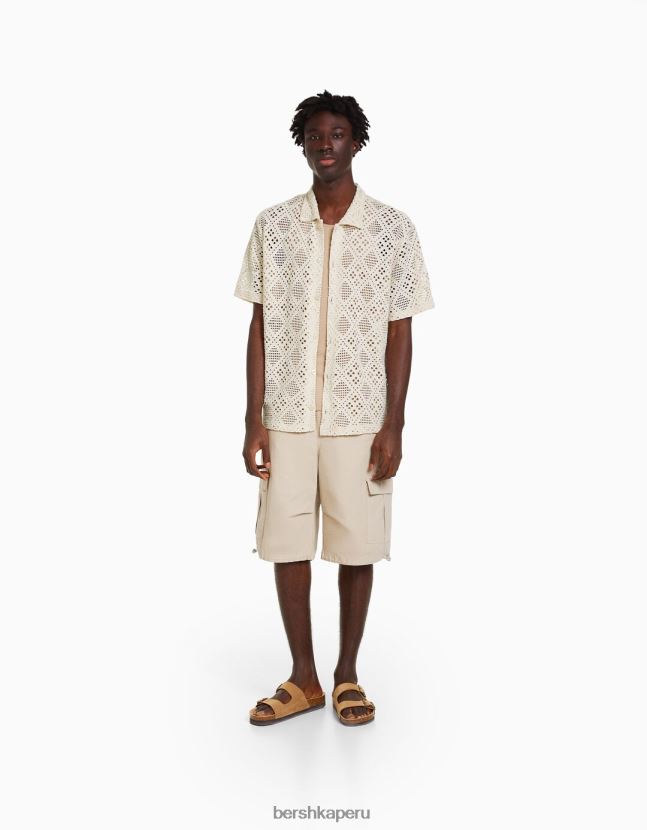 blanco Bershka hombres camisa rústica manga corta 806J6B2878