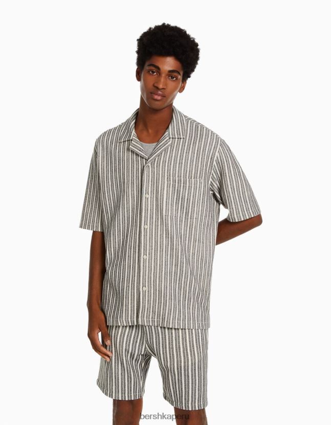 blanco negro Bershka hombres camisa de manga corta a rayas rústicas 806J6B2926