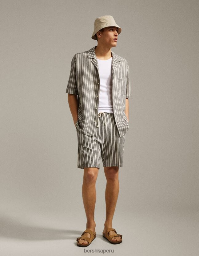 blanco negro Bershka hombres camisa de manga corta a rayas rústicas 806J6B2926