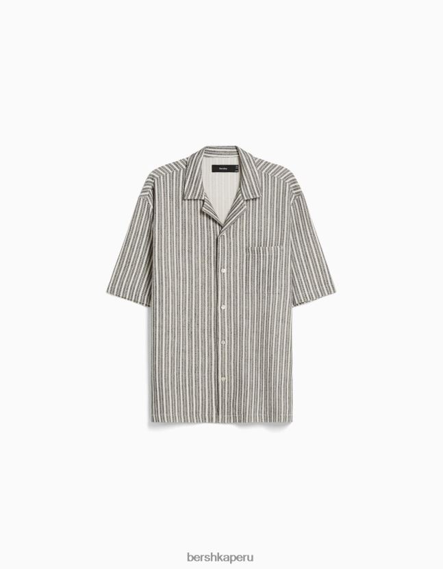 blanco negro Bershka hombres camisa de manga corta a rayas rústicas 806J6B2926