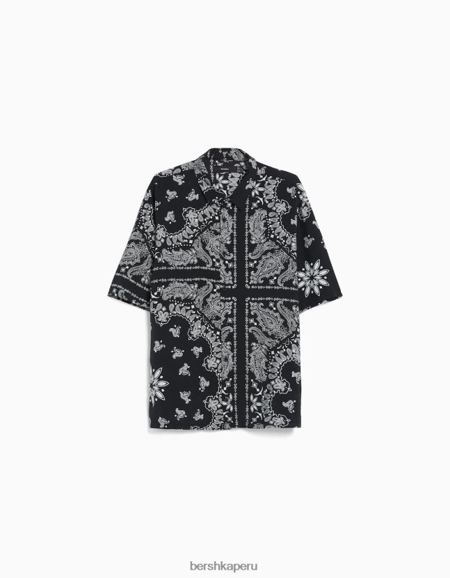 blanco negro Bershka hombres camisa de manga corta con estampado de cachemira 806J6B2870
