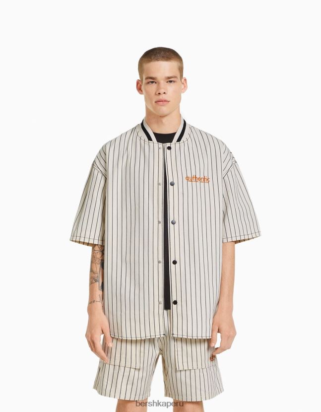 blanco negro Bershka hombres camisa de mezclilla de manga corta con rayas deportivas retro 806J6B2886
