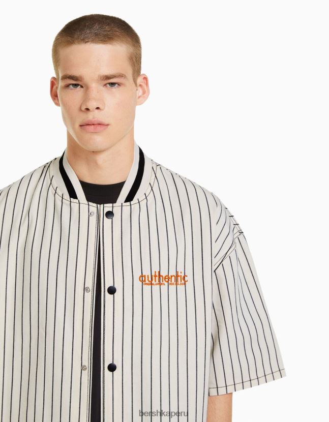 blanco negro Bershka hombres camisa de mezclilla de manga corta con rayas deportivas retro 806J6B2886