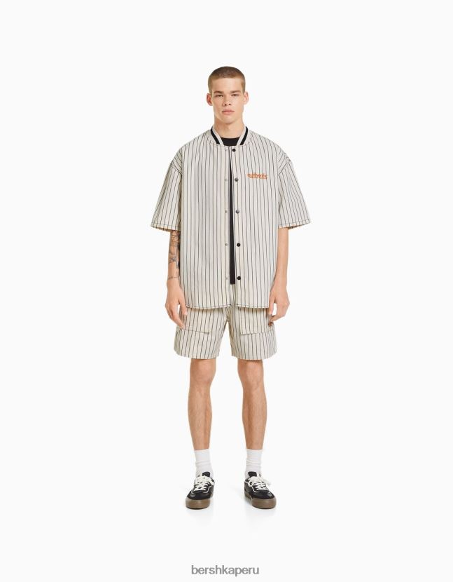 blanco negro Bershka hombres camisa de mezclilla de manga corta con rayas deportivas retro 806J6B2886