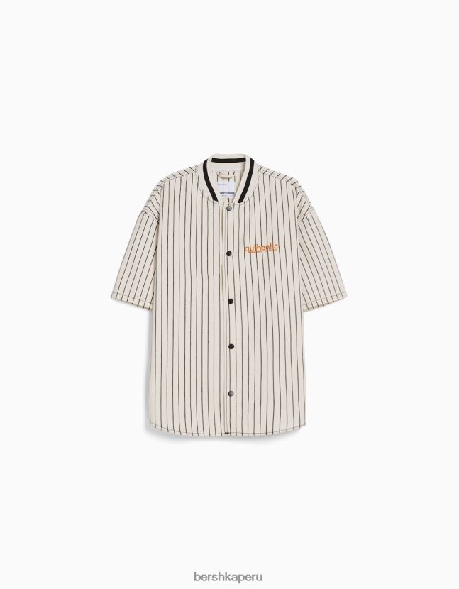 blanco negro Bershka hombres camisa de mezclilla de manga corta con rayas deportivas retro 806J6B2886