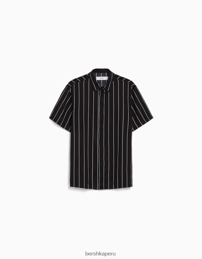 blanco negro Bershka hombres camisa de sarga a rayas de manga corta 806J6B2930