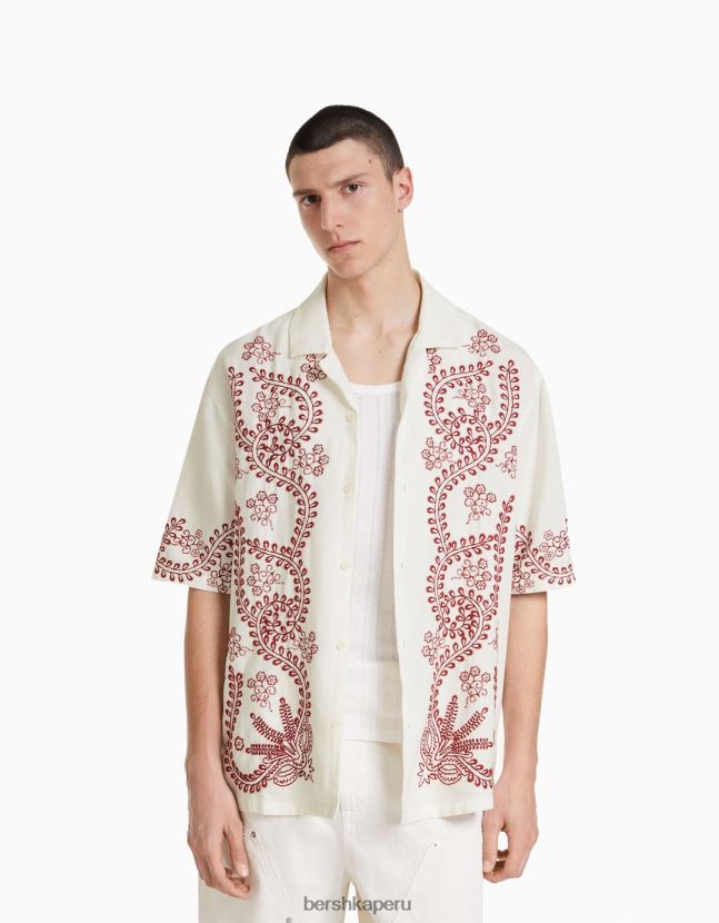 blanquecino Bershka hombres camisa de manga corta bordada con lino 806J6B2858