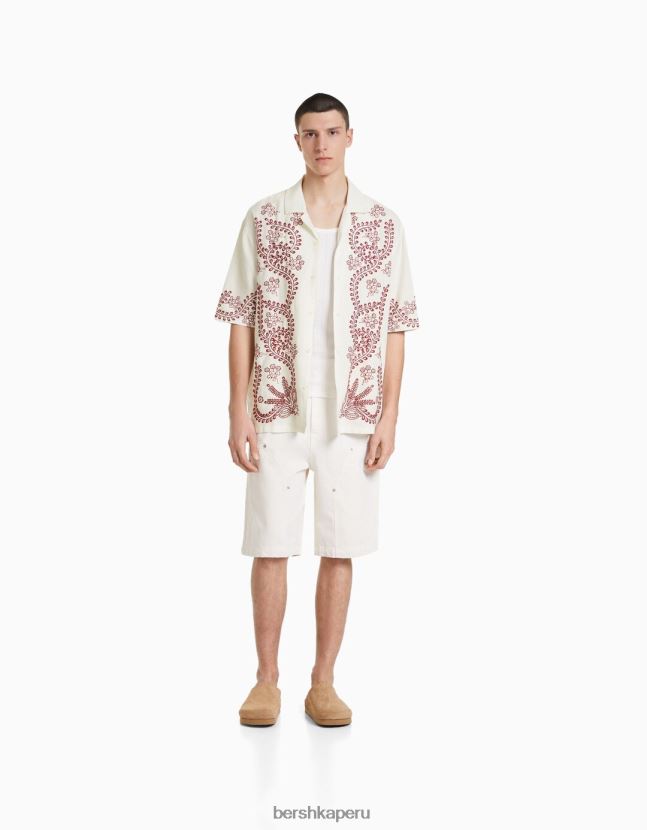 blanquecino Bershka hombres camisa de manga corta bordada con lino 806J6B2858