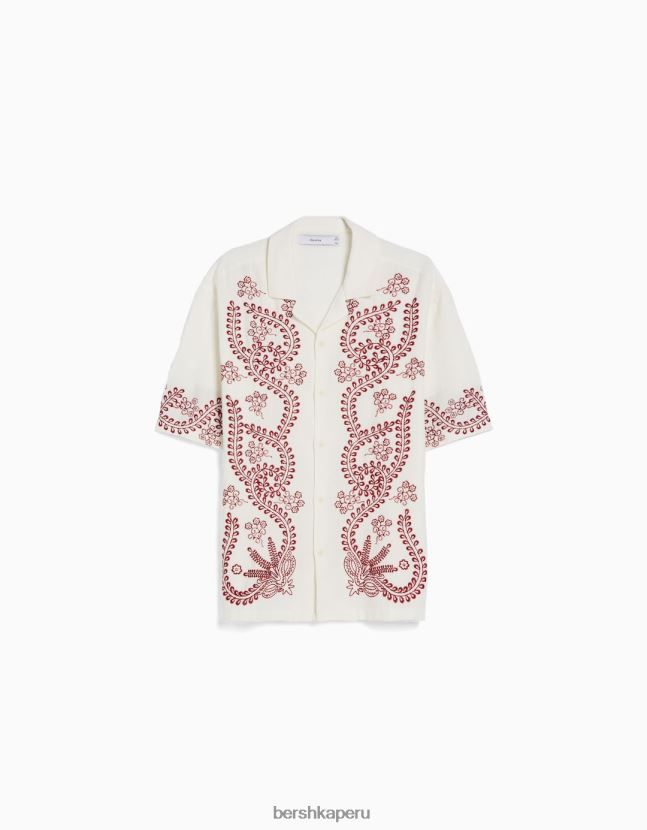 blanquecino Bershka hombres camisa de manga corta bordada con lino 806J6B2858