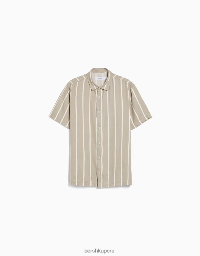 blanquecino Bershka hombres camisa de sarga a rayas de manga corta 806J6B2931
