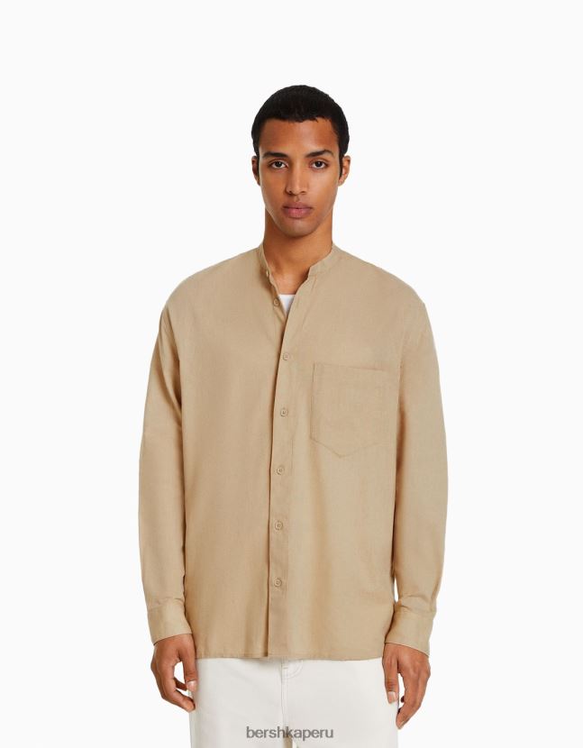camello Bershka hombres camisa de mezcla de lino de manga larga 806J6B2893