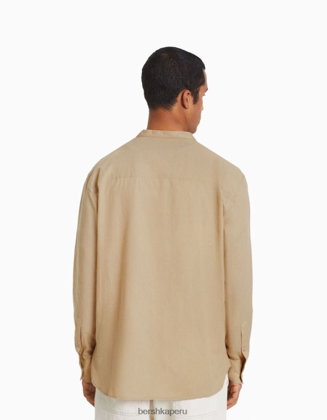 camello Bershka hombres camisa de mezcla de lino de manga larga 806J6B2893