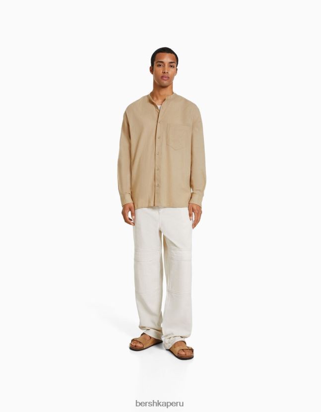camello Bershka hombres camisa de mezcla de lino de manga larga 806J6B2893