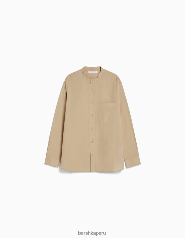 camello Bershka hombres camisa de mezcla de lino de manga larga 806J6B2893