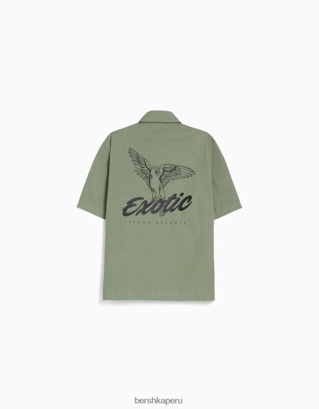 caqui Bershka hombres camisa estampada de manga corta de algodón 806J6B2876