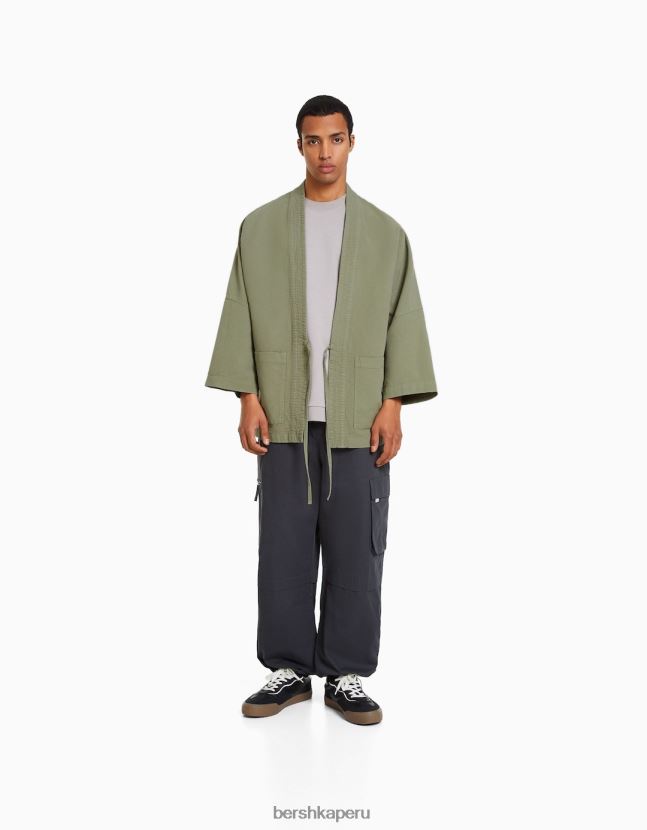 caqui Bershka hombres kimono de manga larga con bolsillos 806J6B2883