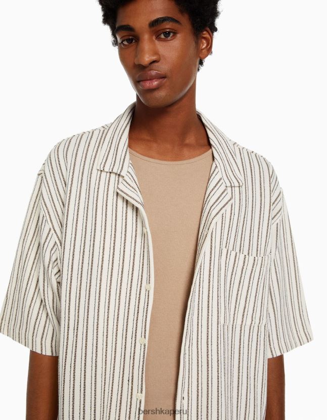 crema Bershka hombres camisa de manga corta a rayas rústicas 806J6B2925