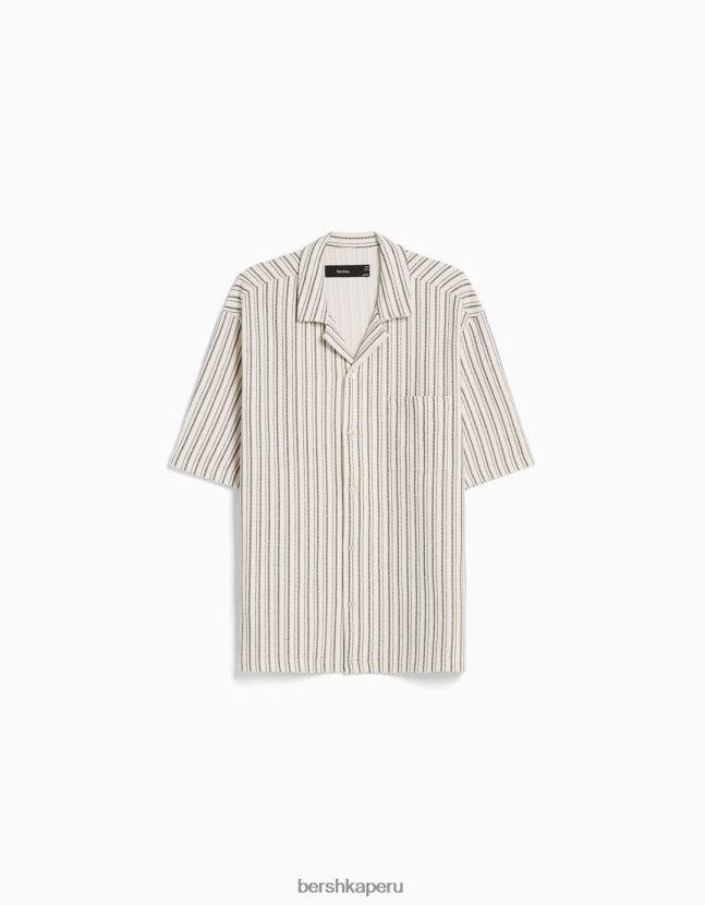 crema Bershka hombres camisa de manga corta a rayas rústicas 806J6B2925