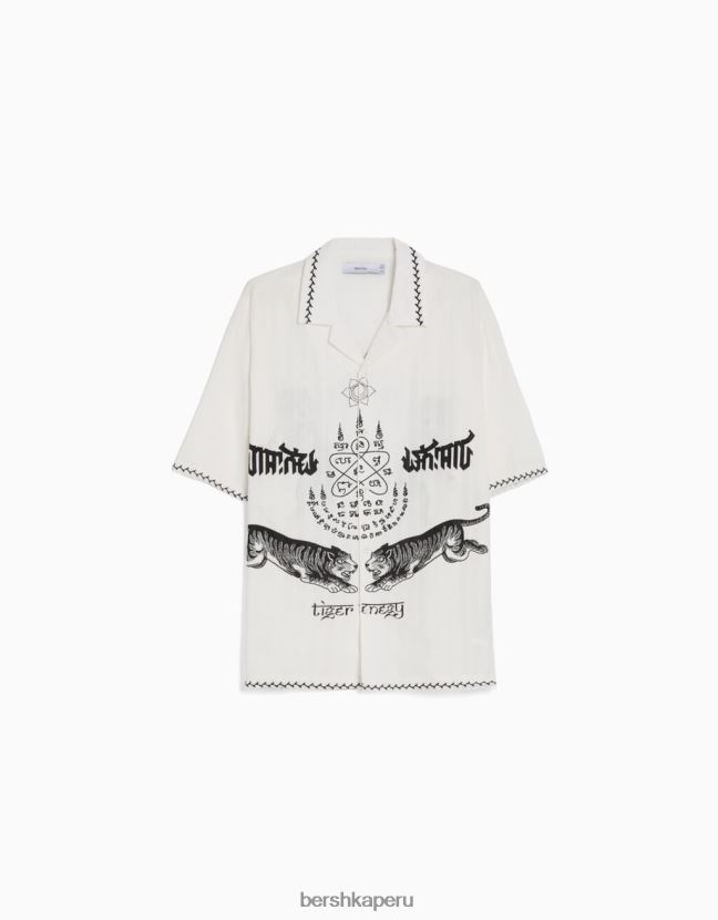 crema Bershka hombres camisa de manga corta con estampado bordado 806J6B2863