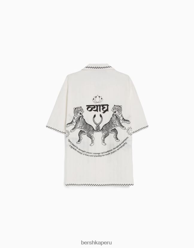 crema Bershka hombres camisa de manga corta con estampado bordado 806J6B2863