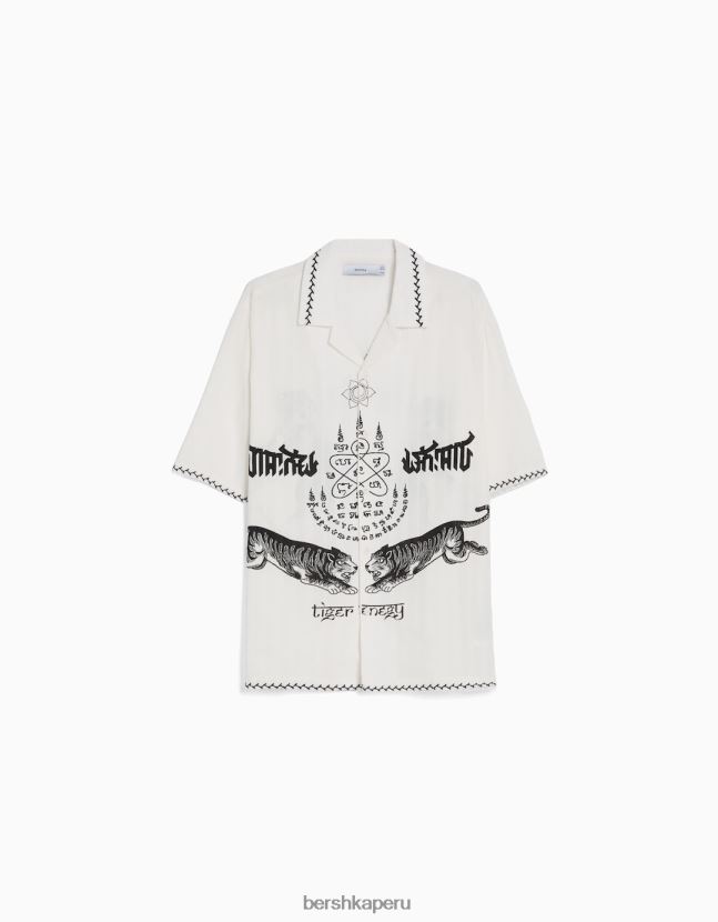 crema Bershka hombres camisa de manga corta con estampado bordado 806J6B2864