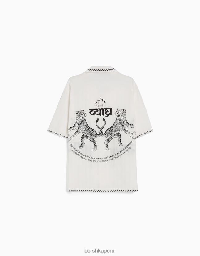 crema Bershka hombres camisa de manga corta con estampado bordado 806J6B2864