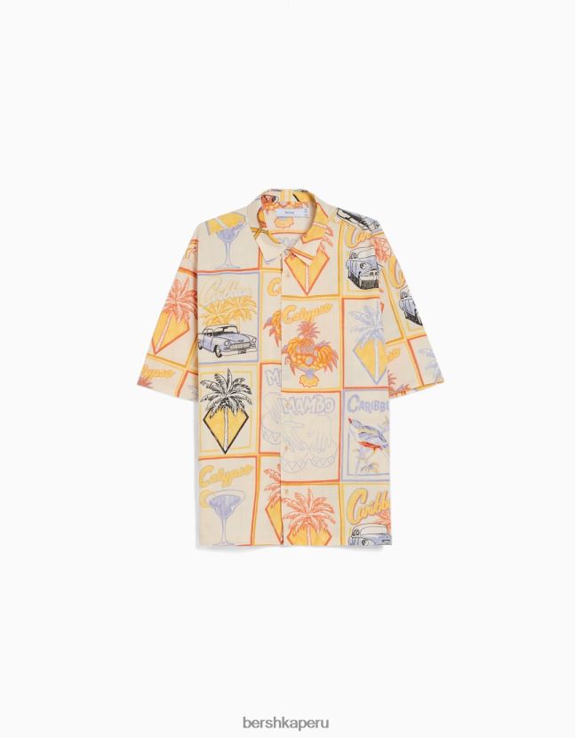 crema Bershka hombres camisa de manga corta con estampado rústico 806J6B2913