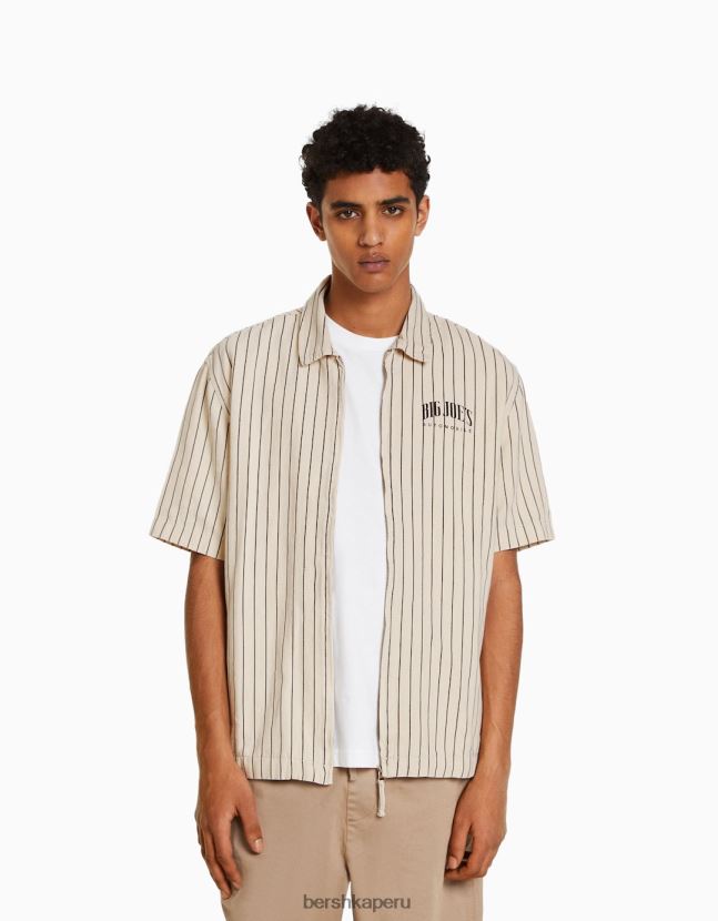 crema Bershka hombres sobrecamisa de lona de manga corta con cremallera 806J6B2862