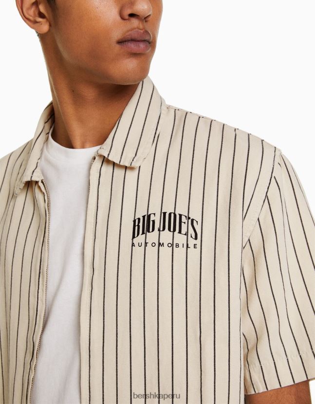 crema Bershka hombres sobrecamisa de lona de manga corta con cremallera 806J6B2862