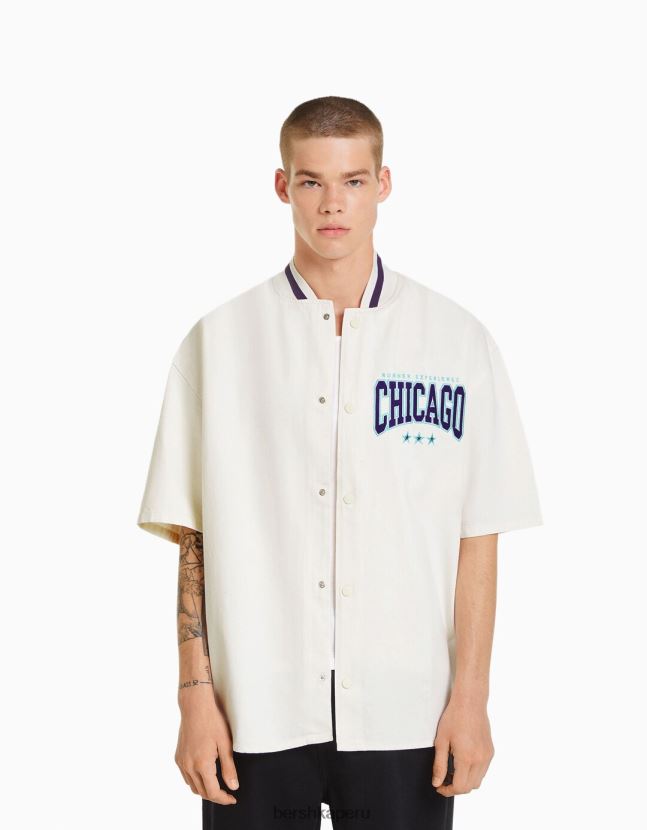 exclusivo Bershka hombres camisa de mezclilla de manga corta con rayas deportivas retro 806J6B2885