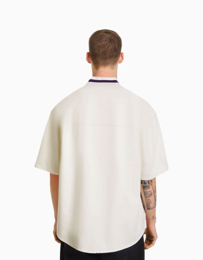 exclusivo Bershka hombres camisa de mezclilla de manga corta con rayas deportivas retro 806J6B2885